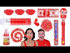 EATING ONLY ONE COLOR FOOD FOR 24 HOURS! Last To STOP Eating Red Food! Mukbang!