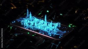 3D model and rendering hologram polygon building city wire-frame pop up from display mobile phone.
