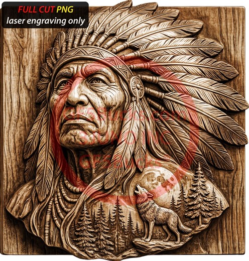 3D Illusion Laser-ready PNG | Native Chief | Ultra-realistic Engraving Design | High-detail Sculpted Shading | 13.4x14 Inches | Gf5bucks® - Etsy