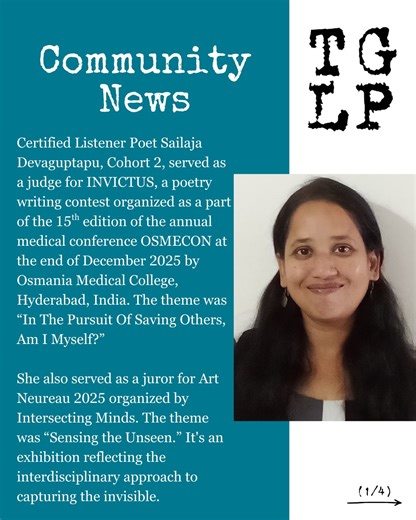 The Good Listening Project | Certified Listener Poet Sailaja Devaguptapu, Cohort 2, was invited and served as a judge for INVICTUS, a poetry writing contest organized... | Instagram