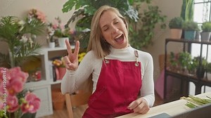 Cheerful young blonde florist grinning ear to ear, winking cheekily and throwing up a peace sign, a symbol of her success and joy, while seated at her blooming flower shop.