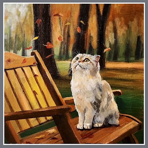 acrylic painting cat sitting on a bench color used : white, yellow ochre, black, orange, vermilion, green light, medium magenta canvas : 20cm x 20cm #acrylicpainting #paintingart #artwork #landscapepainting #artist | El Drawing Arts