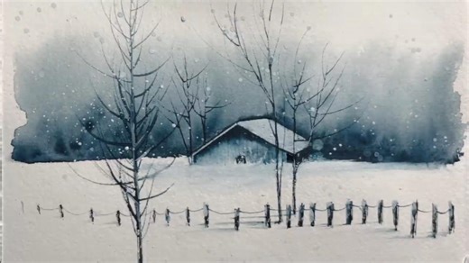 nasim art【 水彩教程】用画笔堆砌冬日暖屋｜雪花纷飞中的温馨小屋
