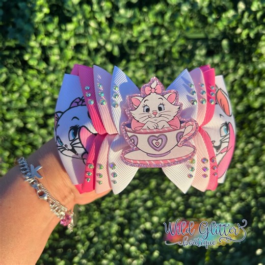 Pink Kitten Tea Cup Hair Bow | Cat Inspired Boutique Bow | Rhinestone Layered Bow for Girls | Cute Pink Hair Accessory - Etsy