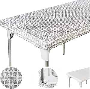 Vinyl Tablecloth Plastic Elastic Corner Rectangle 8ft 96 x 30 in Silver Pattern Picnic Table Cloth for Folding TableCover Anniversary Birthday Holiday Tablecloths Trade Show Thanksgiving