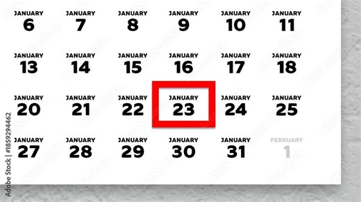 The date January 23rd marked with a red cursor on the wall calendar 2026