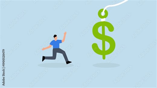 Financial fraud, 4k animation of investor runs to get money US dollar with hidden phishing bait