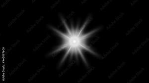 Glowing white light effect animation on black background. Twinkle starlight with sparkles. Light lens flare ray rotate animation. Blinking light shine glow isolated on black