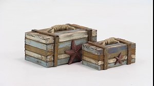 Deco 79 Wood Starfish Handmade Decorative Box Distressed Decorative Keepsake Boxes with Knotted Rope Details, Set of 2 Storage Boxes 10", 7"W, Brown