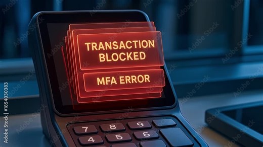 Transaction blocked MFA error digital payment terminal security alert, electronic device screen with red warning message, financial technology issue, modern banking error notification, secure