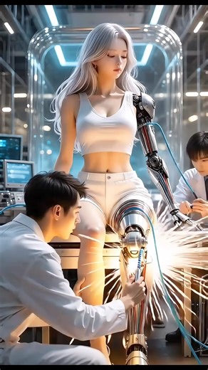 Robot Girl Humanoid Robot Receives Leg Joint Repair with Cutting-Edge Technology