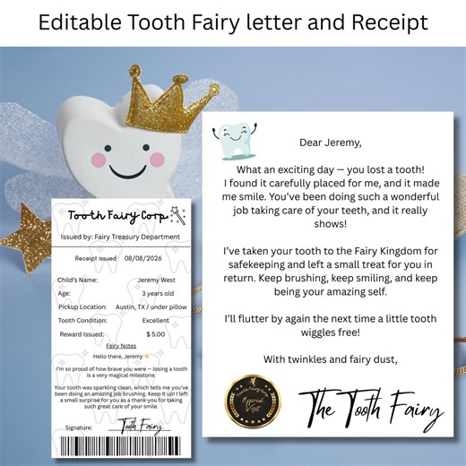 Editable Tooth Fairy Letter & Receipt | Printable Tooth Fairy Note | Custom Tooth Fairy Certificate | Instant Download - Etsy