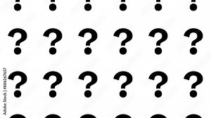 A seamless loop pattern of black question marks on a white background. The question marks smoothly and repeatedly change size and move up and down. Concept of questions, curiosity, mystery and quiz
