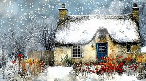 a snowy day in front of a quaint traditional British cottage with a thatched roof and garden. Seamless looping time-lapse virtual 4k video animation background
