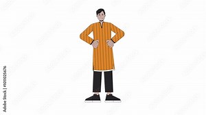 Tunic kurta young adult indian man hips hands 2D character animation. Hindu festival of lights Deepawali cartoon 4K video, alpha channel. South asian guy confident animated person on white background
