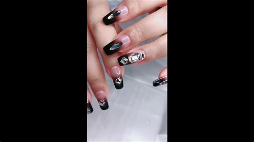 Gradient Black With Crystal Beads Nail Art