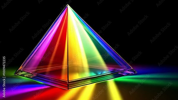 Shimmering rainbow light refracted through a transparent pyramid, creating a stunning array of bright colors. This glowing prism design celebrates light and its beautiful dispersal