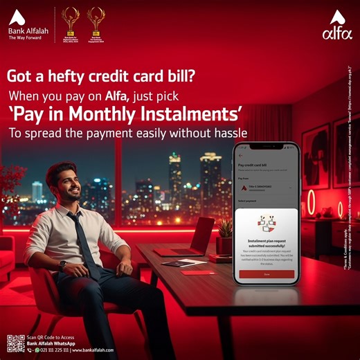 Learn how to pay your hefty credit card bills with ease through Alfa! Download the App Now: https://onelink.to/u9b8fx Terms & Conditions Apply If you have any suggestions or complaints, please reach out to us via: Phone Banking at 021-111-225-111 Email: contactus@bankalfalah.com In case you are not satisfied with our response, you may also register your complaint at 'Sunwai' via: https://sunwai.sbp.org.pk Never miss an update! Join the Bank Alfalah WhatsApp Channel now. https://whatsapp.com/chan