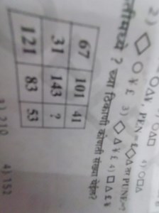 Fill in the missing number in the following matrix:67  101  ... | Filo