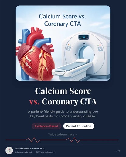 🫀 Calcium score or heart CTA… are they the same test? Not exactly — and knowing the difference can change how we detect coronary artery disease. A CT calcium score measures how much calcified plaque is in your coronary arteries — a powerful tool to estimate long-term cardiovascular risk. A coronary CT angiography (CTA) goes further — using contrast to actually visualize the arteries, detect blockages, and identify both calcified and soft plaque. Both tests are useful — but they answer different