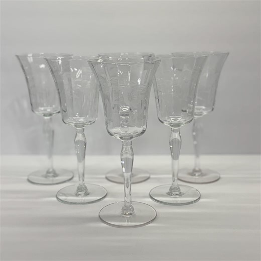 Vintage Floral Etched Wine Glasses | Set of 6 Elegant Stemware - Etsy