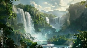 Animation natural waterfalls in the green forests seamless 4k video background. generated with ai