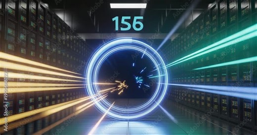 Futuristic data center with glowing blue portal and speeding light trails