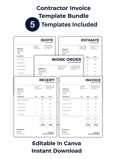 Construction Invoice Template Bundle | Invoice Quote Estimate Work Order Receipt | Editable Canva Templates - Etsy