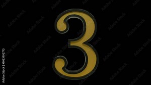 This stock motion graphics video features golden numbers with black outline rotating on transparent background