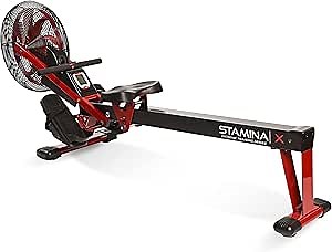 Stamina X Air Rower - Rower Machine with Smart Workout App - Rowing Machine with Air Resistance for Home Gym Fitness - Up to 250 lbs Weight Capacity - Black/Red