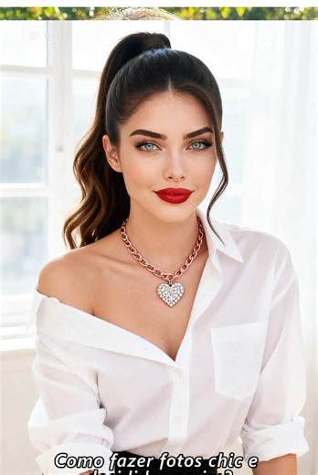 Tutorial: Transforme suas fotos comuns em retratos de estrela! 📸✨ Este tutorial vai te mostrar como transformar qualquer foto do seu celular em um retrato profissional e cheio de estilo, como o da imagem de referência, usando o template do Hypic. O template reproduz detalhes incríveis: a camisa branca oversized com ombro a ombro, o colar de coração com pedras brilhantes, o batom vermelho marcante e o cabelo alto em rabo de cavalo que deixa o visual poderoso e elegante. Ele ajusta automaticament