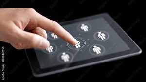 Hand Using Touchscreen Tablet with User Icons and Connectivity Symbols Emerging from the Screen 4k video footage