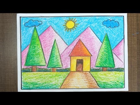 How to draw scenery using geometrical shapes// Easy scenery drawing using geometrical shapes