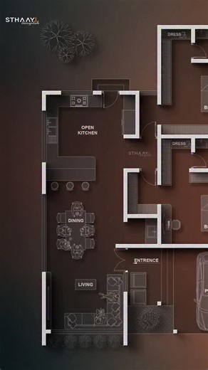 ✨ Designed to Impress. Built to Belong. Where every line speaks elegance — from the stylish open kitchen to the spacious living and cozy bedrooms with private dress & bath. A perfect blend of comfort, class, and modern living. Follow 👉 @sthaayi_design_lab for more stunning home designs. #ModernHome #LuxuryLiving #KeralaArchitecture #DreamHome #FloorPlanDesign #SthaayiDesignLab | Sthaayi Design Lab