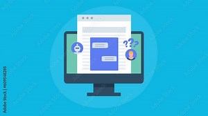 Website chatbot software application interacting with website visitor, answering questions in text messages, online customer service concept, ai technology video animation.