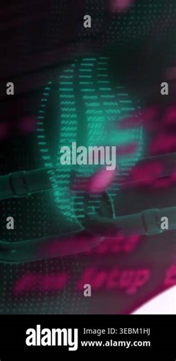 Vertical video: Magenta UI sweeping in, revealing teal hologram pulsing and showing network code. Holographic, matrix, circuitry, neon, fingerprint, teardrop, vertical video Stock Video Footage - Alamy