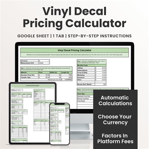 Vinyl Decal Pricing Calculator | Spreadsheet Template | Profit Worksheet Guide | Small Business Tool - Etsy
