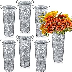 Lallisa 6 Pcs 13.8 Inch Fall Galvanized Metal Vase Large Flower Buckets Bulk for Cut Flower with Handles Silver Farmhouse Floral Containers for Thanksgiving Wedding Table Centerpiece