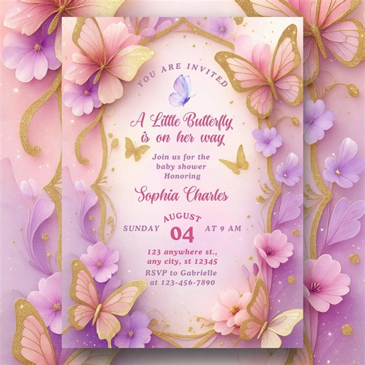Butterfly Baby Shower Invitation, Floral Invite, Pink and Gold Butterflies, Printable | Canva - Etsy