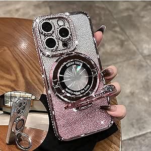 Magnetic Kickstand {Glitter Lens Protector } Case for IPhone 13 Pro Max {Compatible with Magsafe } { Bling Diamond } Cover Sparkly Shiny Rhinestone Glitter Cases for Iphone13proMax 6.7inch (Pink)