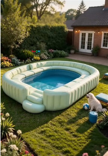 The perfect inflatable sofa pool for lazy summer days 😍💚#sayok #inflatable #poolparty #summerfun #backyardvibes #fypシ #familytime