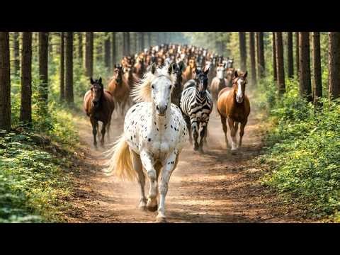 A herd of horses galloping through a pine forest – a truly breathtaking sight!