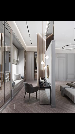 ✨ Master Bedroom Design | Timeless Elegance ✨ Step into a refined and sophisticated space, where luxury meets functionality. This master bedroom is designed for ultimate comfort, featuring a custom-built dressing area, a cozy makeup nook, and a soft neutral color palette that exudes tranquility. 🌙 Key Highlights: ✔️ Zoned Layout – A unique partition subtly separates the sleeping and dressing areas. ✔️ Custom Walk-in Closet – Elegant glass wardrobe doors with soft lighting. ✔️ Luxurious Details 