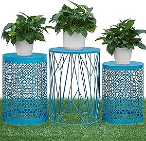 Y&M Set of 3 Blue Round Nesting Tables, Multifunctional Coffee Table End Table, Side Table for Indoor, Outdoor Garden Stool-Sky Blue(Ship from US)