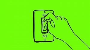 2d Animation cartoon character drawing of a light switch turned on and off on white, black and green screen in 4k ultra-high-definition.