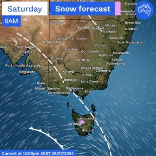 Snow levels are dropping across south-eastern Australia this weekend as a burst of cold air surges up from the Southern Ocean. The coldest air will move through late on Saturday. The snow level in southern Tasmania is expected to drop as low as 400 metres above sea level overnight into Sunday; down to 500m in northern Tasmania. For Victoria, the snow level will plummet to around 600m in the east from late Saturday, with a dusting of snow possible over the lower peaks including the Dandenong and 