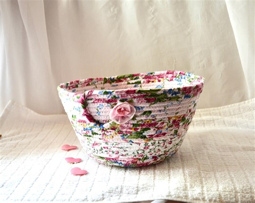 Handmade Shabby Chic Bowl, Pink Floral Fabric Basket, Decorative Flower Basket - Etsy