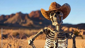 a skeleton adorned with a cowboy hat, set against a desert backdrop with mountains. whimsical scene captures a playful twist on classic western themes.