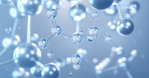 Polylactic acid, rotating 3D model of thermoplastic polyester, seamless looped video, molecular structure with selective focus