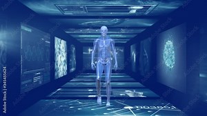 Animation of 3D man walking hallway of scientist screen